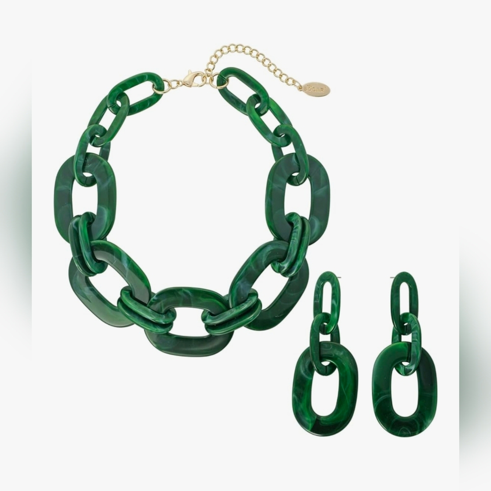 Green Chain Link Necklace and Earring Set